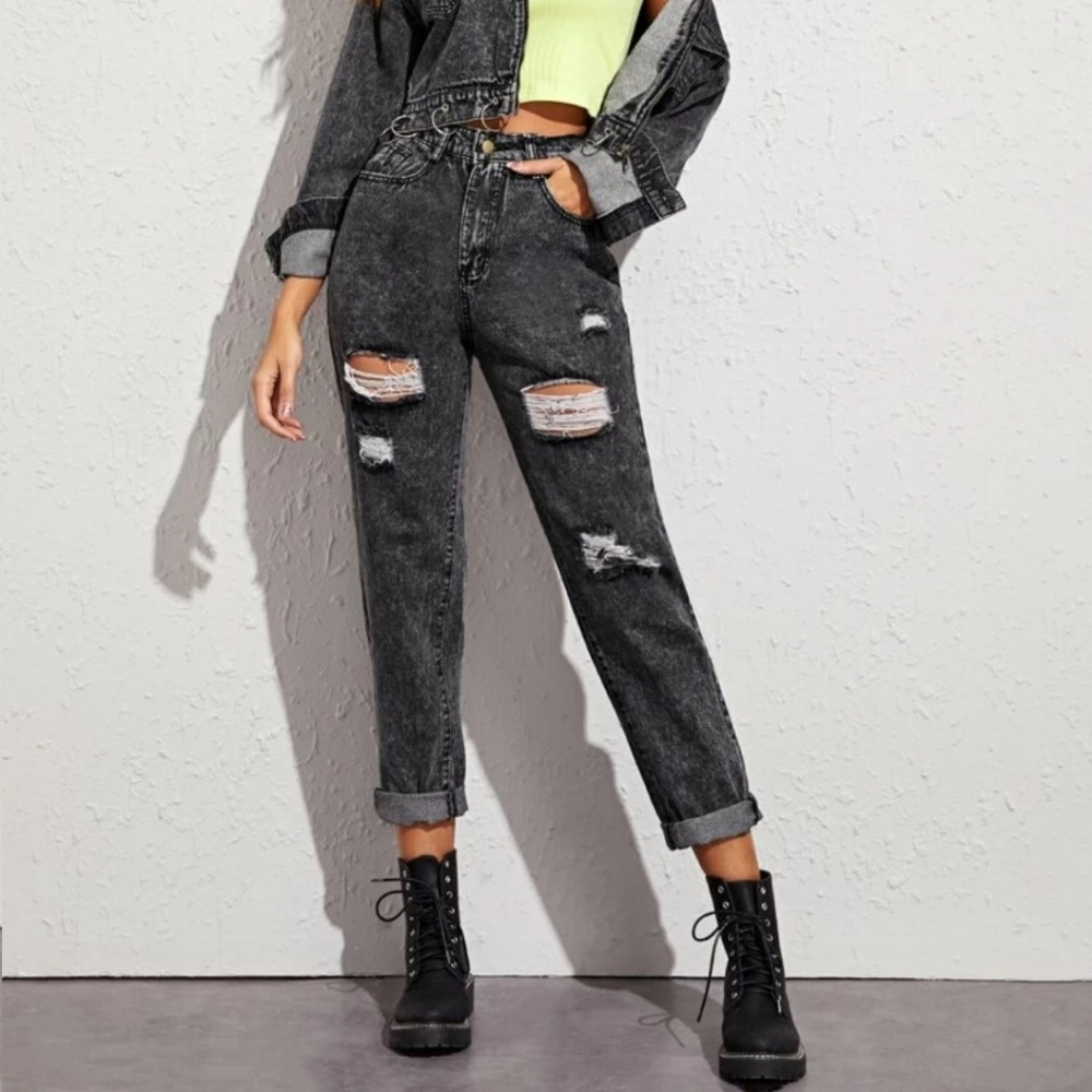 SHEIN Dark Acid Wash High-Rise Mom Jeans